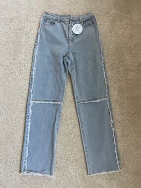 Frayed Light Blue Straight-Leg Jeans with Knee Panel Detail - Women